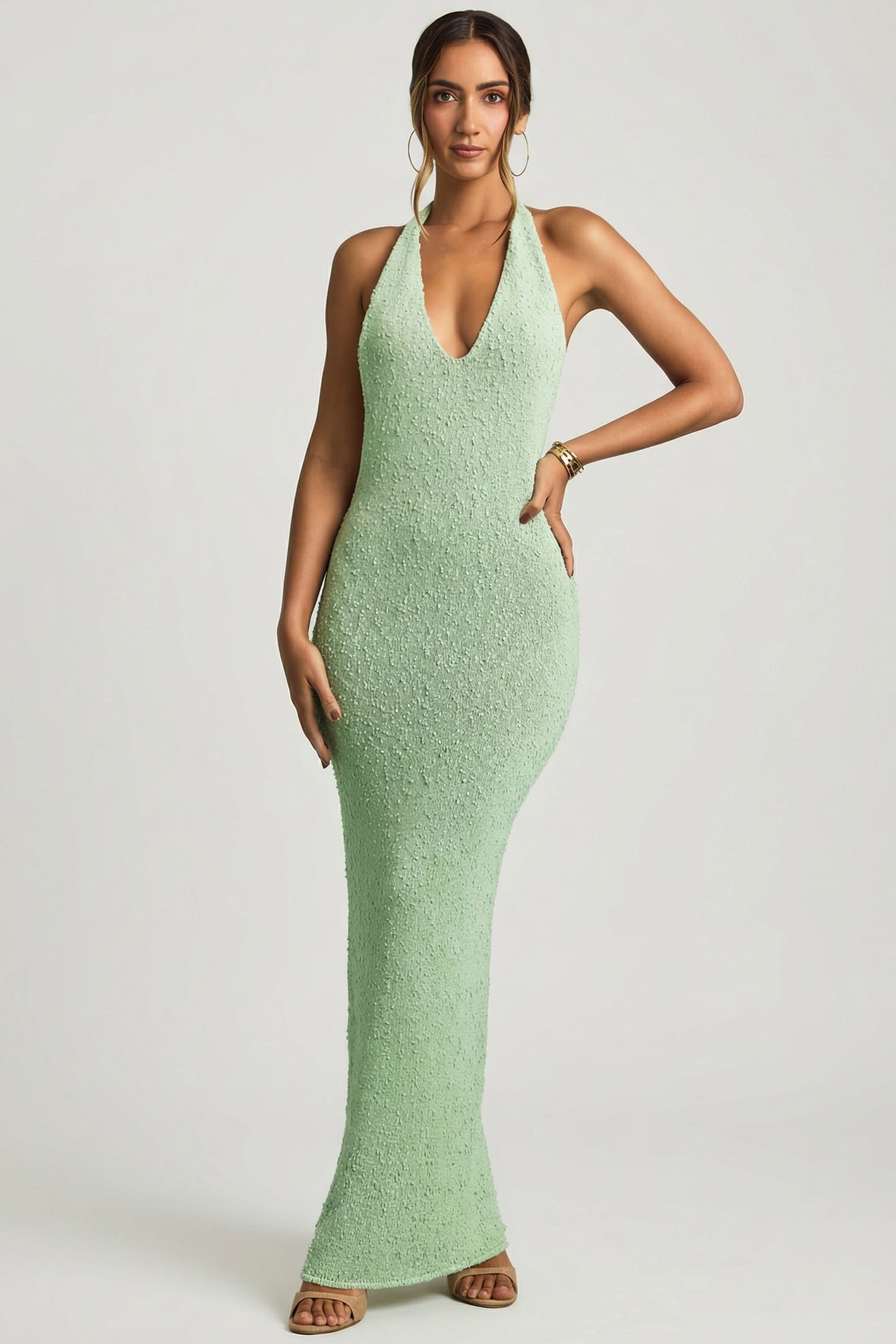 Bouclé Halterneck Maxi Dress in Mint
