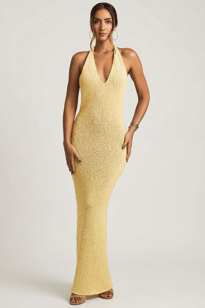 Bouclé Halterneck Maxi Dress in Yellow