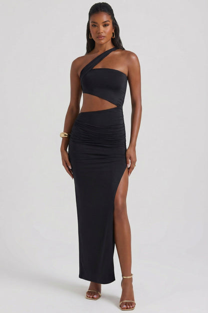 Asymmetric Neckline Ruched Cut Out Maxi Dress in Black